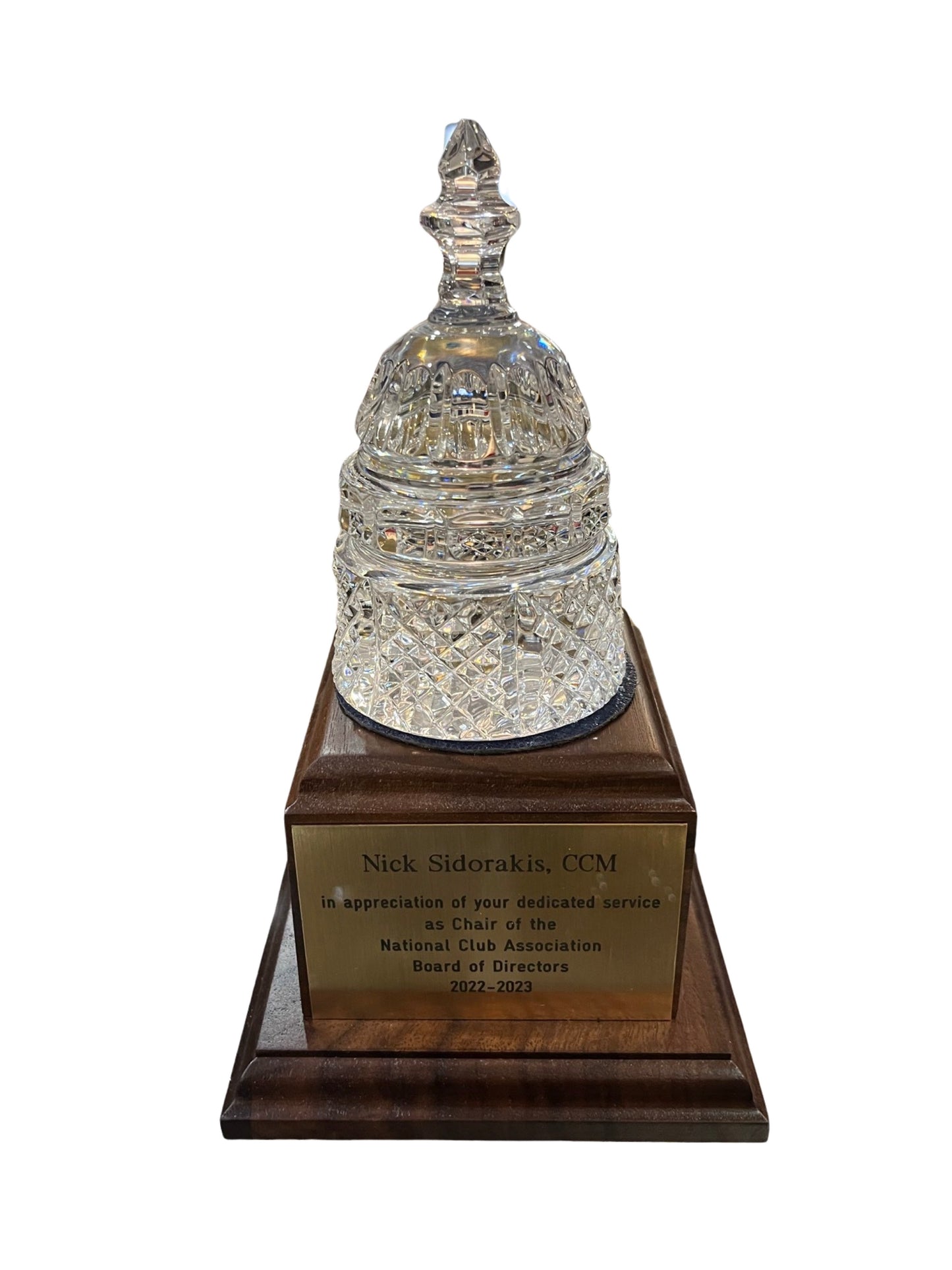 Waterford Crystal Capitol Dome Award on Walnut Base | Brass Plate Engraved | National Club Association | April 2023 | Nick Sidorakis