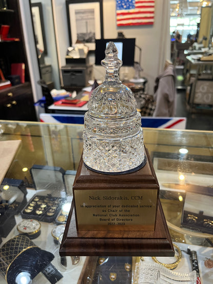 Waterford Crystal Capitol Dome Award on Walnut Base | Brass Plate Engraved | National Club Association | April 2023 | Nick Sidorakis