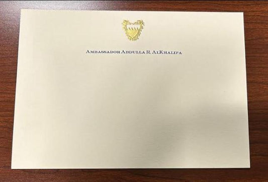 Bahrain Embassy 2024 | Card and Envelope | Gold Seal and Text on Correspondence Card Only | Hand Engraved