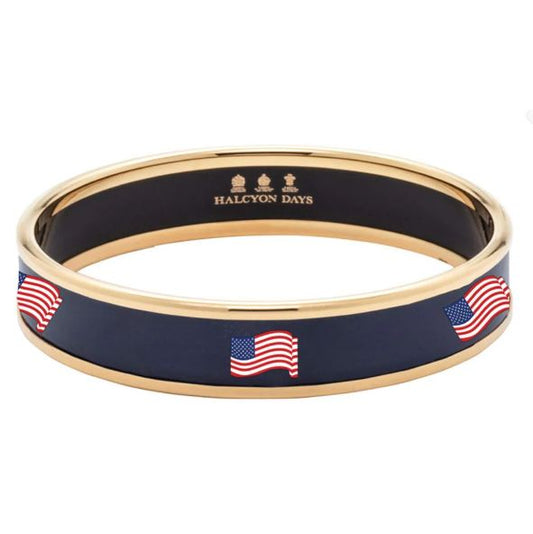 Halcyon Days Patriotic | US Flag Bangle | Waving American Flag Enamel Bangle | Navy and Gold