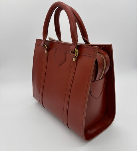 Classic Beatrice Bag Handbag | DEANNA Style: Dark London Tan Bridle with Cobalt Suede Interior | Hand Stitched |