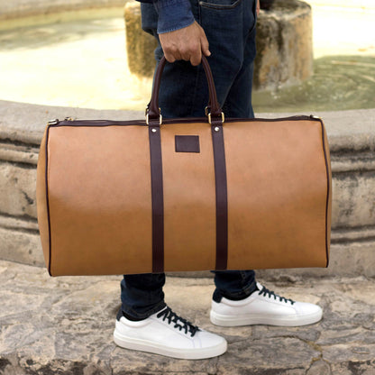 Custom Luxury Travel Bag | MTO | Handcrafted in Spain | Tan Calf with Brown Calf Leather Trim  |  Sterling & Burke Ltd (Copy)