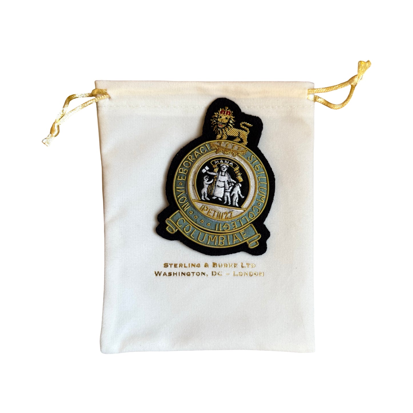 White drawstring pouch with a black and gold emblem on a white background