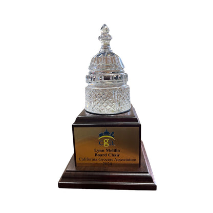 California Grocers Association | Waterford Crystal Capitol Dome Award on Natural Walnut with Engraved Brass Plate