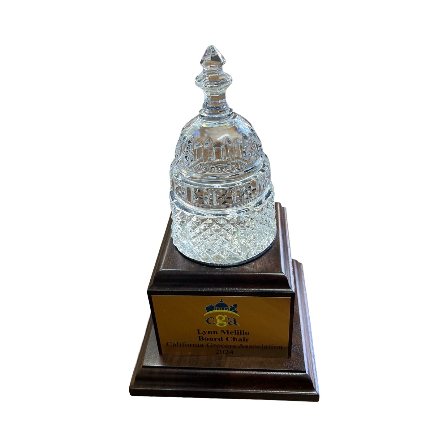 California Grocers Association | Waterford Crystal Capitol Dome Award on Natural Walnut with Engraved Brass Plate