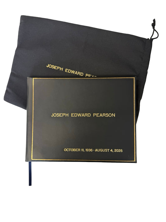 Funeral Service Guest Book | Gold Engraving | Black Calf Leather with Gold Tooling Condolence Book | Made in England