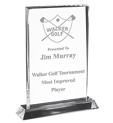 Crystal Award | 8" Tall Rectangle Clear Crystal on Crystal Base | Hand Made and Hand Etched and Colored