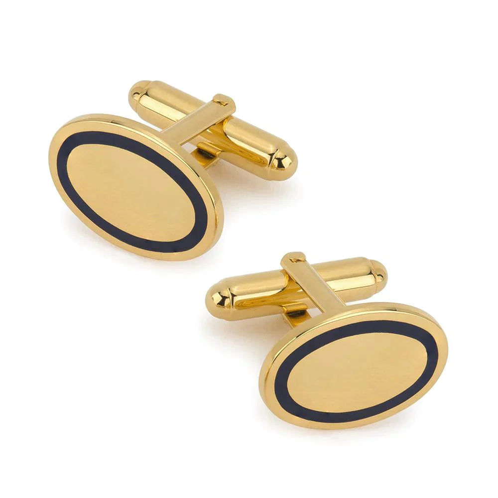 Cufflinks: Oval Enamel Gold and Navy T-Bar Cufflinks | Benson and Clegg London