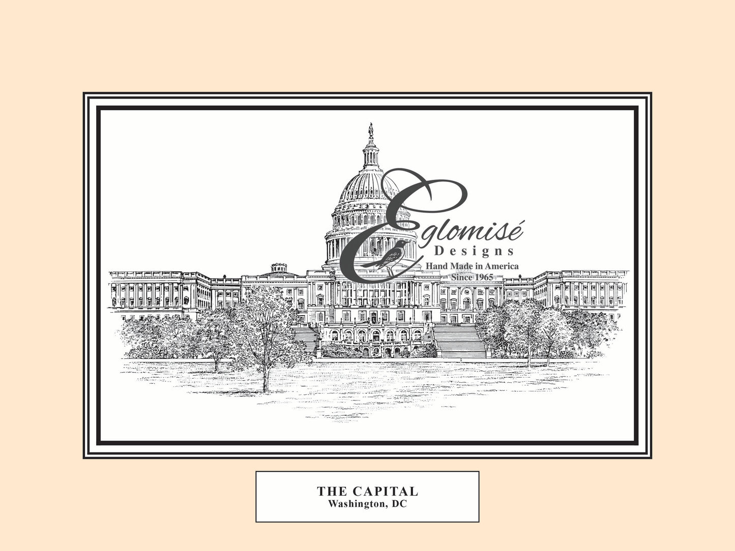 Custom Desk Box Gift | US Capitol Building | White House | DC City Scape | 8.5 by 7 by 2.75 inches | Black Stain with Pen & Ink Drawing & Personalization