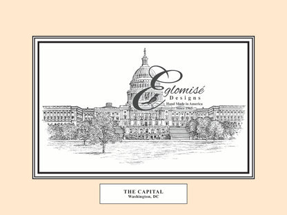 Custom Desk Box Gift | US Capitol Building | White House | DC City Scape | 8.5 by 7 by 2.75 inches | Black Stain with Pen & Ink Drawing & Personalization