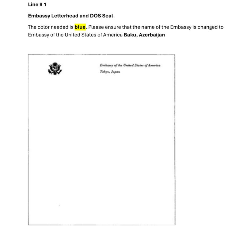 Embassy of the USA Baku, Azerbaijan | American Letter Sheets | BLUE Seal Intaglio Engraving, Printing, Embossing