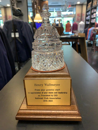 Waterford Crystal Capitol Dome Award on Walnut Base | Brass Plate Engraved | National Club Association | April 2023 | Nick Sidorakis