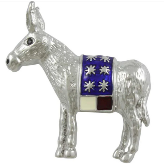 Patriotic Jewelry | US Flag DEM Donkey Pin, Brooch | Democratic Donkey | Silver with Crystals and Enamel