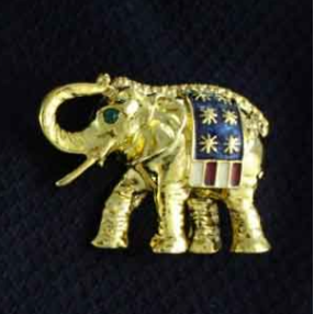 Patriotic Jewelry | US Flag GOP Pin, Brooch | Republican Elephant | Gold with Crystals and Enamel