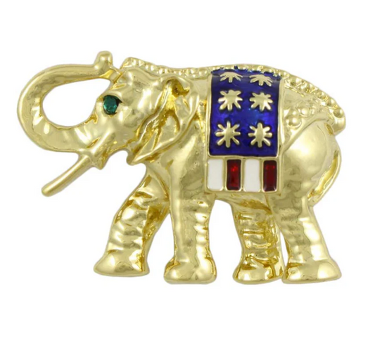 Patriotic Jewelry | US Flag GOP Pin, Brooch | Republican Elephant | Gold with Crystals and Enamel
