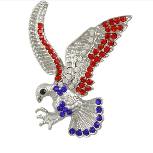 Patriotic Jewelry | US Flag Pin, Brooch | American Eagle | Silver with Crystals