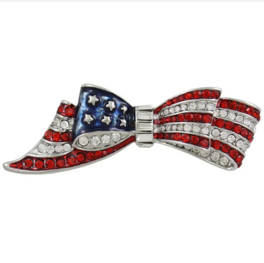 Patriotic Flag Bow Pin, Brooch | Elegant US Flag Brooch | Silver with Red and Clear Crystals and Navy Enamel