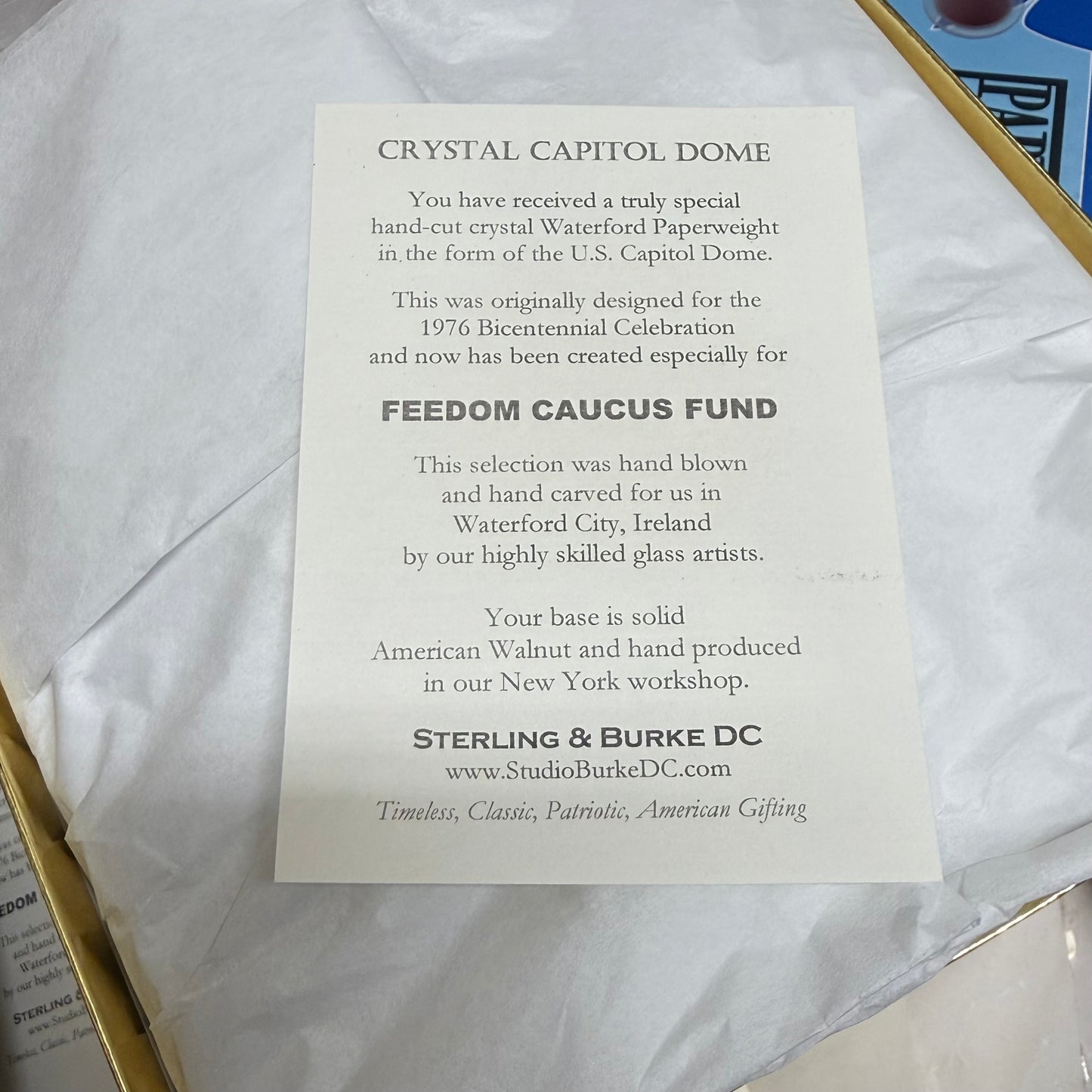 Freedom Caucus Fund | 2026 | Crystal US Capitol Dome Award with Text and Logo on Brass Plate on Walnut Base