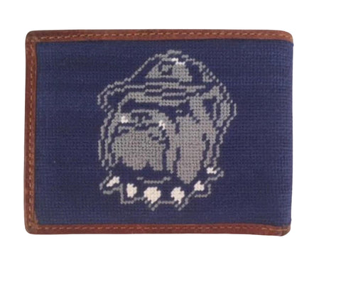 Needlepoint Collection | Georgetown University Needlepoint Bi-Fold Wallet | Hip Wallet | Hoya | Blue and Grey
