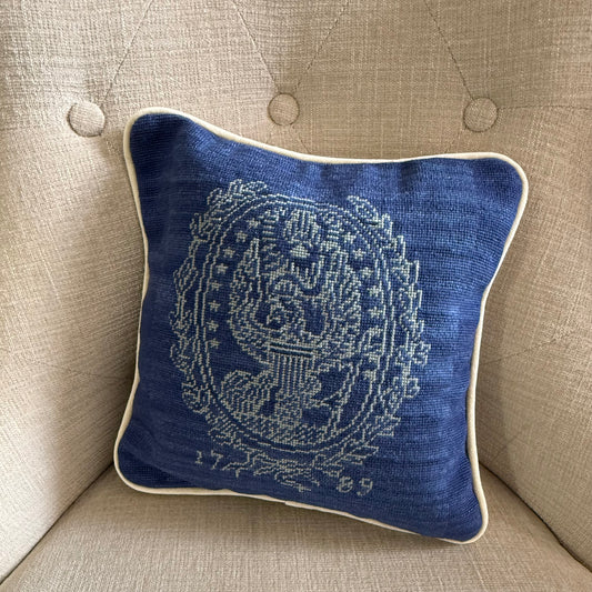 Georgetown Univ Pillow Needlepoint | Georgetown University Needlepoint Pillow | 12 by 12 Inch | Georgetown Crest | Hoya | Blue and Grey