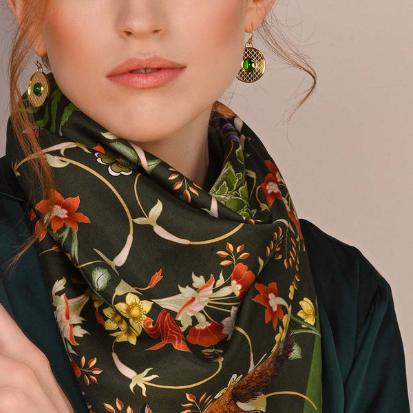 Halcyon Days | King's Coronation Silk Scarf | Celebration of the Natural World | Green, Gold, White | 36 by 36 Inches