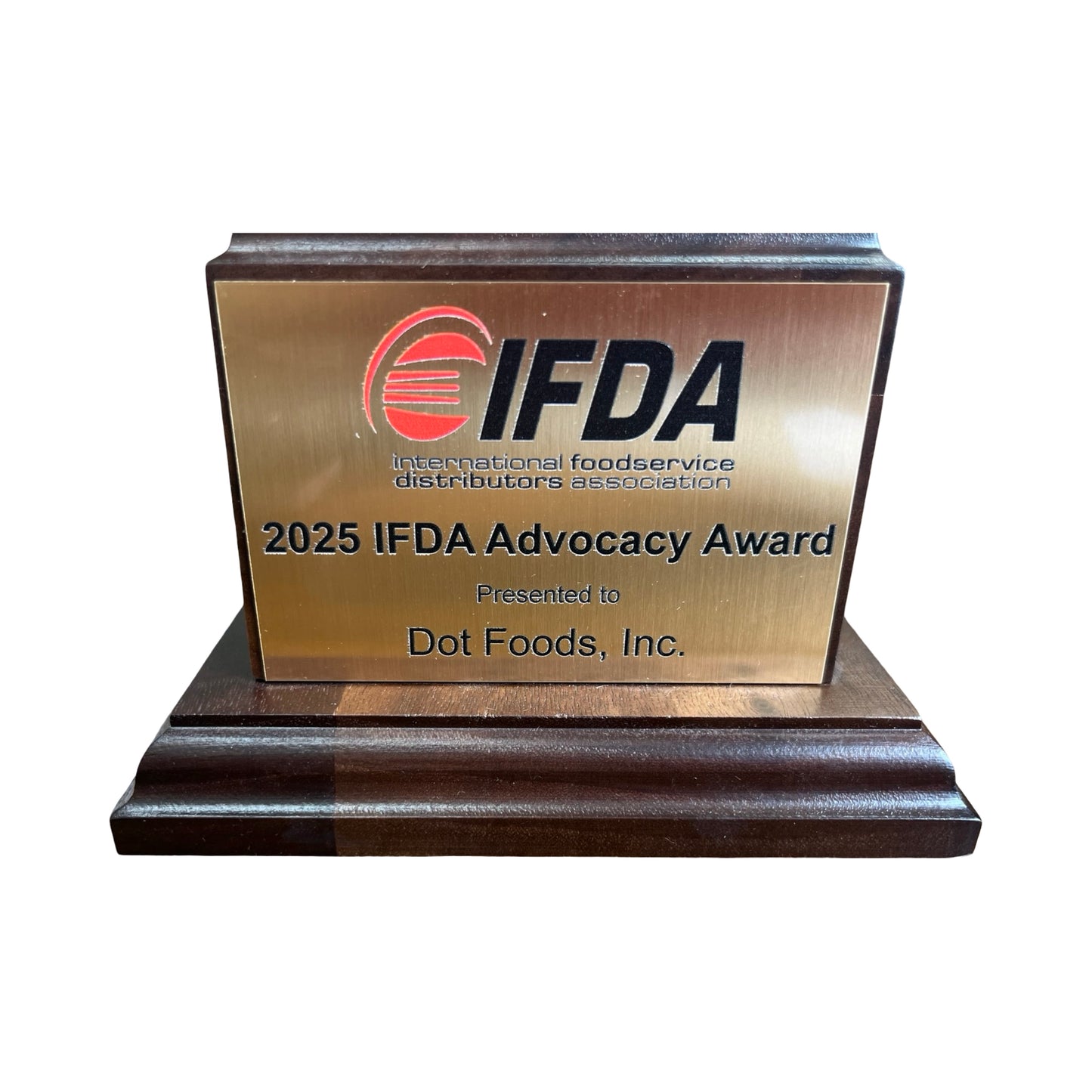 IFDA | 2026 | Waterford Crystal Capitol Dome Paperweight | Walnut Base with Color Logo and Text on Brass Plate