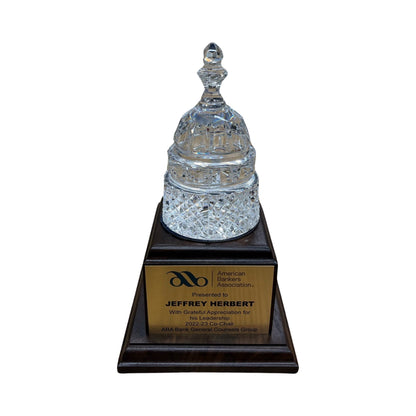 American Bankers Assoc. | Crystal Capitol Dome on Natural Walnut with Photo Etched Text and Logo on Brass Plate