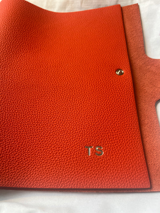 " Custom Silver Stamping on Orange Hermes Diary Cover | Initials and Interior Message