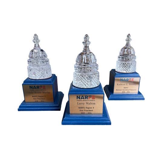 NARFE 2025 | Waterford Crystal Capitol Dome Awards with Engraved Plate on Blue Stained Walnut Base