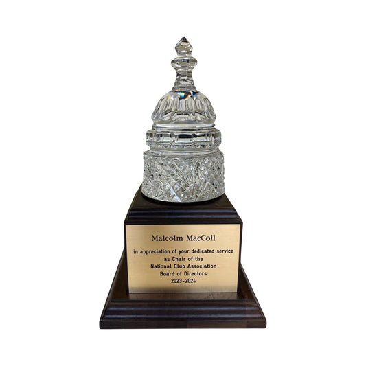 Waterford Crystal Capitol Dome Award on Walnut Base | Brass Plate Engraved | National Club Association | April 2024 | Malcolm MacColl