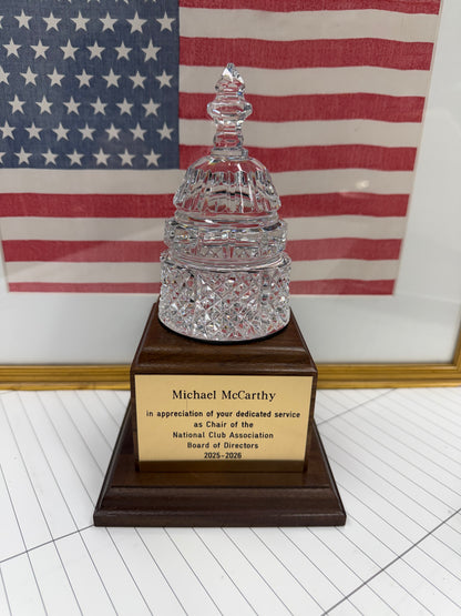 Waterford Crystal Capitol Dome Award on Walnut Base | Brass Plate Engraved | National Club Association | April 2026