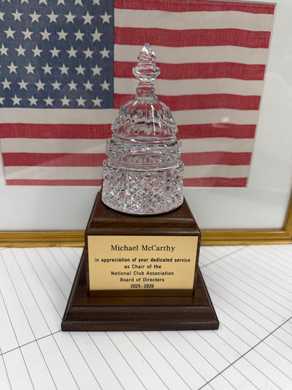 Waterford Crystal Capitol Dome Award on Walnut Base | Brass Plate Engraved | National Club Association | April 2026