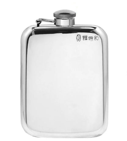 Pewter Flask | 6 Oz | Rounded Top | Hallmarked, Solid Pewter Hip Flask | Captive Top | Made in Sheffield, England