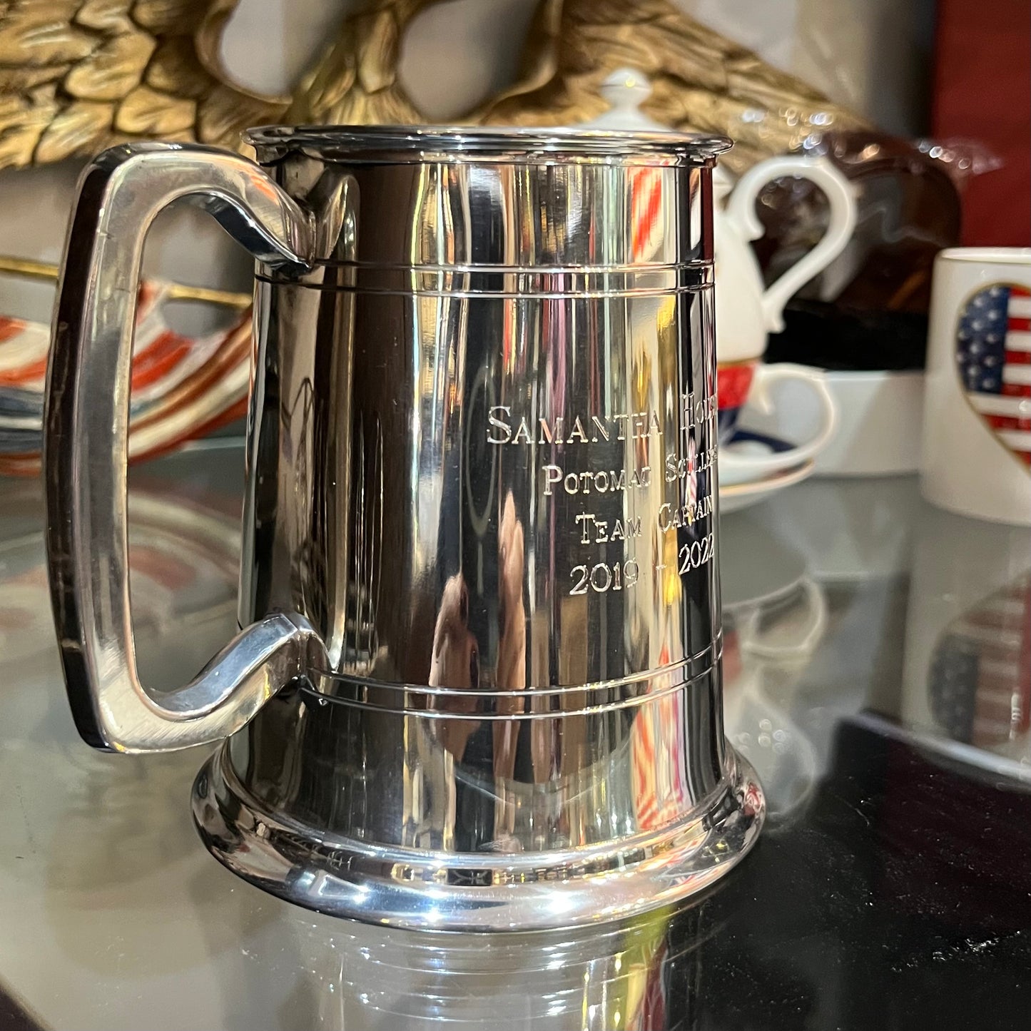 Potomac  | Hand Engraved Solid Pewter Tankard | Potomac | Crest and 4 Lines of Hand Engraving | Patriotic Gift Wrap