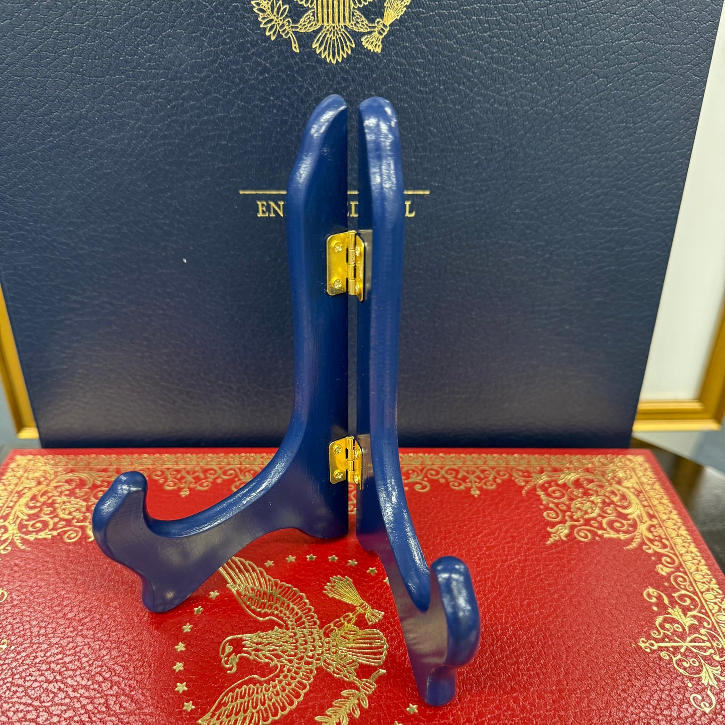 Blue Plate Stand | Wood with brass hinge | Presentation Stand