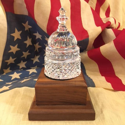 Proof 2023 | PriceWaterhouseCoopers  | Waterford Crystal Capitol Dome Paperweight | Walnut Base with Color Logo and Text on Brass Plate