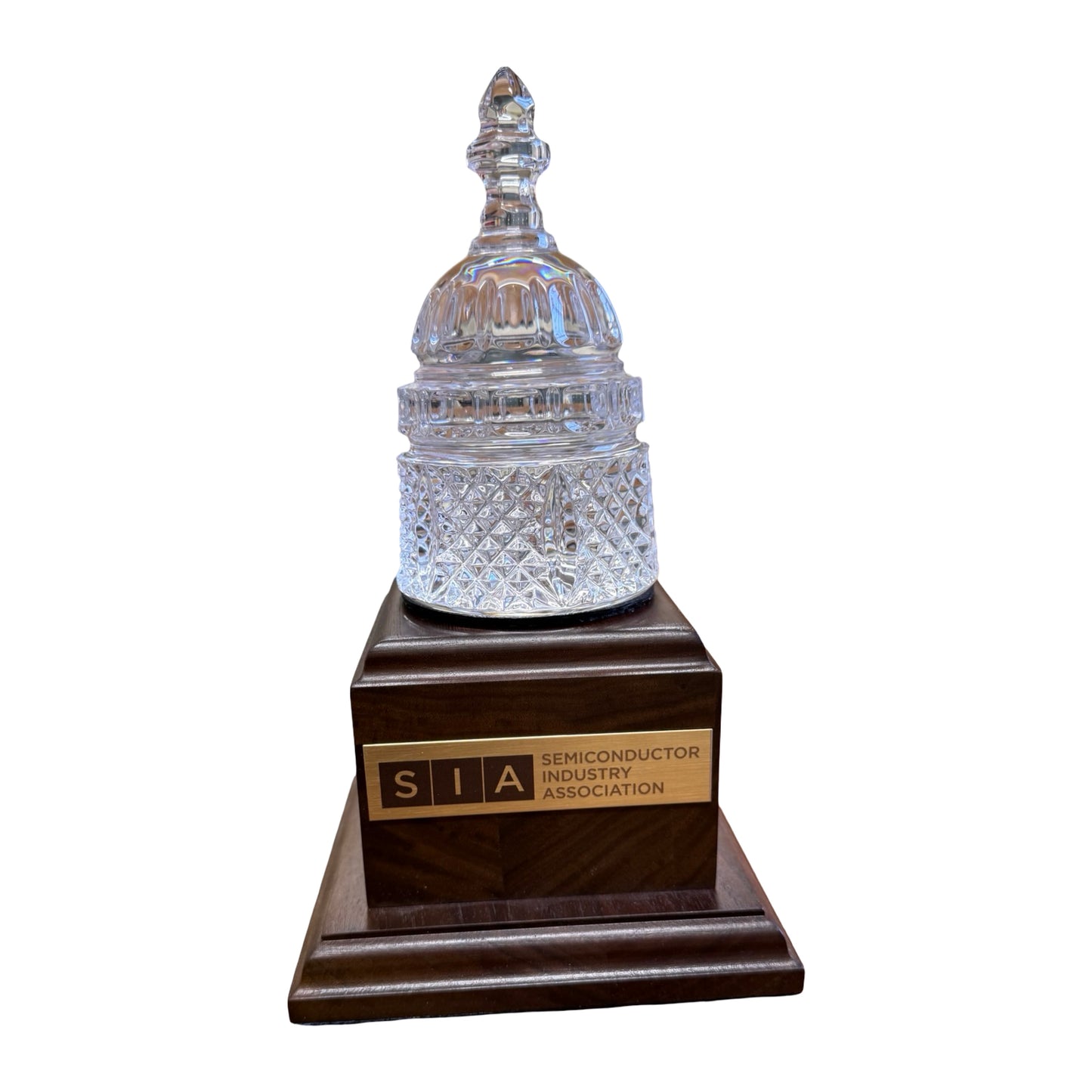 SIA | Waterford Crystal Capitol Dome | Walnut Base | Two Brass Plates Engraved with Logo and Text