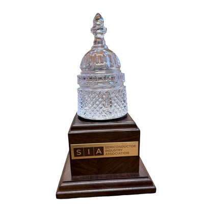 SIA | Waterford Crystal Capitol Dome | Walnut Base | Two Brass Plates Engraved with Logo and Text