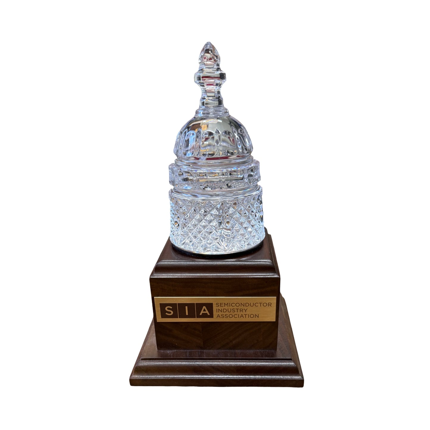SIA | Waterford Crystal Capitol Dome | Walnut Base | Two Brass Plates Engraved with Logo and Text
