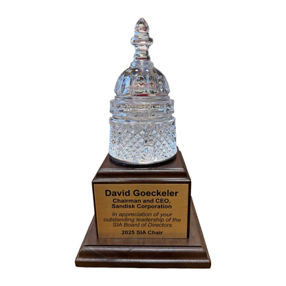 SIA | Waterford Crystal Capitol Dome | Walnut Base | Two Brass Plates Engraved with Logo and Text