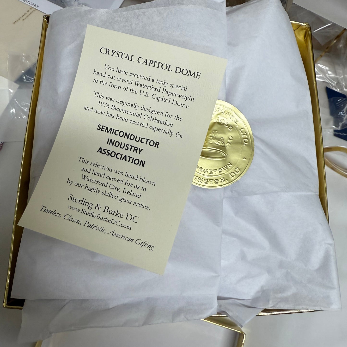 SIA | Waterford Crystal Capitol Dome | Walnut Base | Two Brass Plates Engraved with Logo and Text