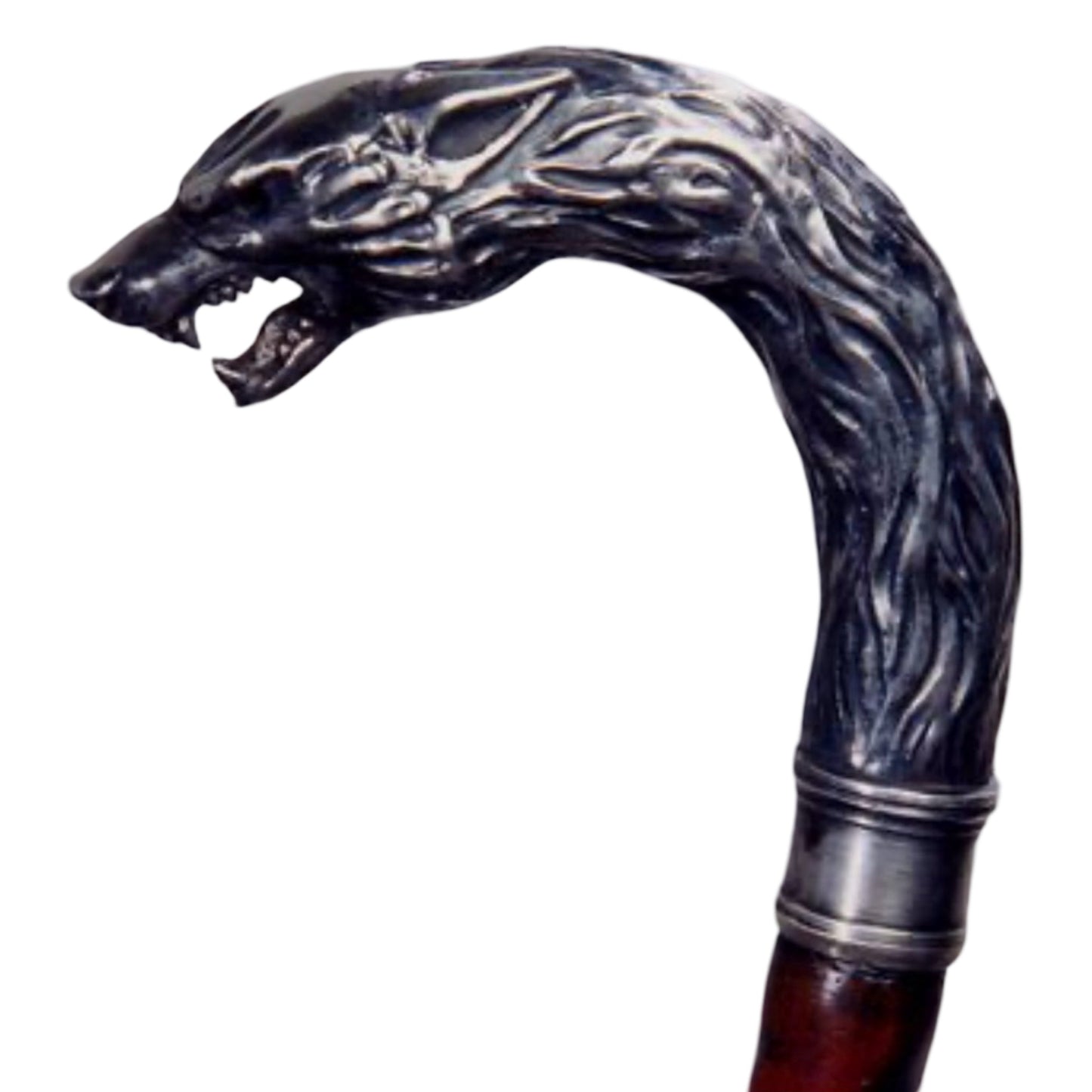 Storm of the Century wolf head walking stick cane in silver