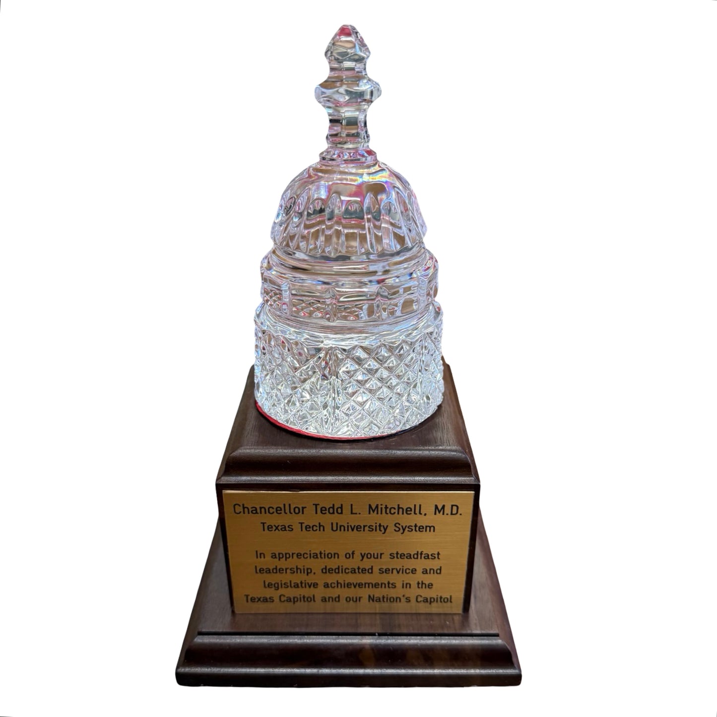 Waterford Crystal Capitol Dome Award on Walnut Base | Brass Plate Engraved | TEXAS TECH UNIV. | 2025