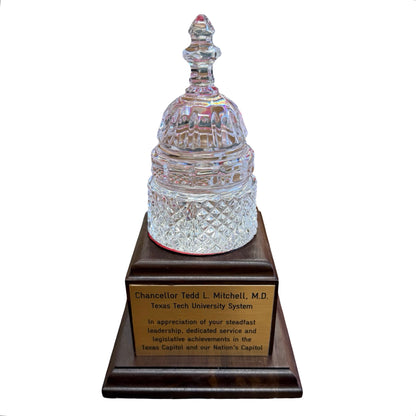 Waterford Crystal Capitol Dome Award on Walnut Base | Brass Plate Engraved | TEXAS TECH UNIV. | 2025