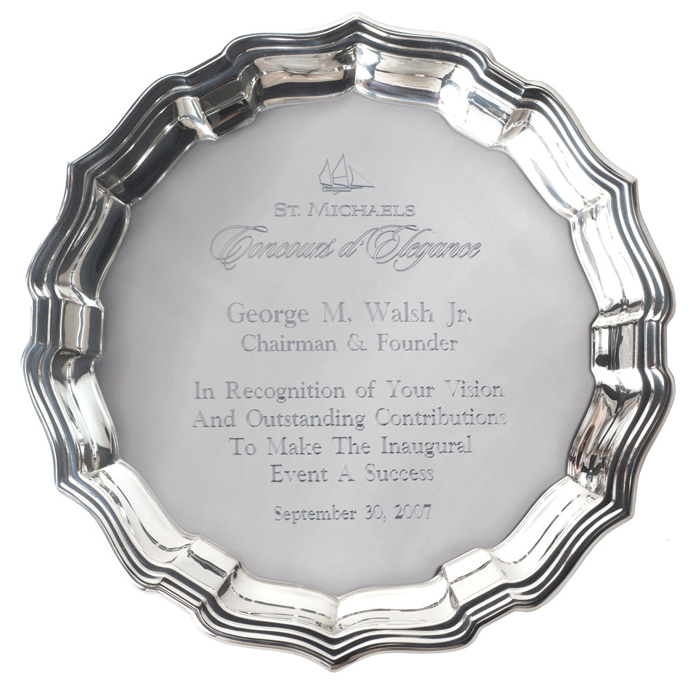 Pewter Tray Engraved |  10 - 14" | Fluted Chippendale Edge Round Formal Trays | Solid Pewter | Fine Quality | Made in USA