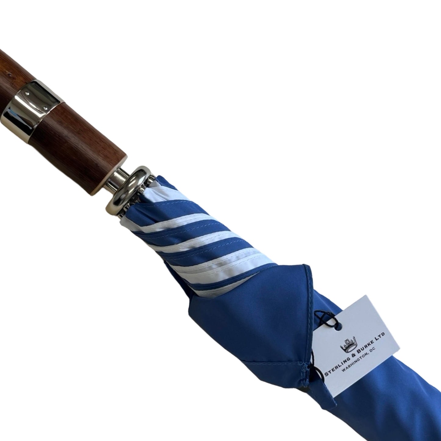 The Steele Golf Umbrella | Chestnut Straight Handle Golf Umbrella | Blue and White | The Finest Quality | Made in England