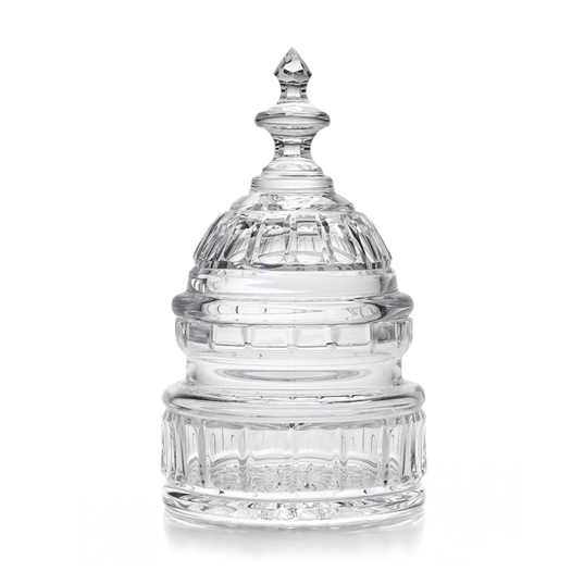 Jos. Gawler's Sons 2024| Waterford Crystal Capitol Dome Biscuit Jar | Walnut Base with  Logo & Text on Brass Plates