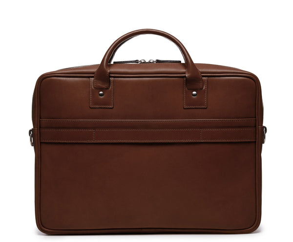 DYLAN Leather 15" Brief Bag | Grain Leather | Made in USA | Korchmar | Brown Leather with Nickel Fittings
