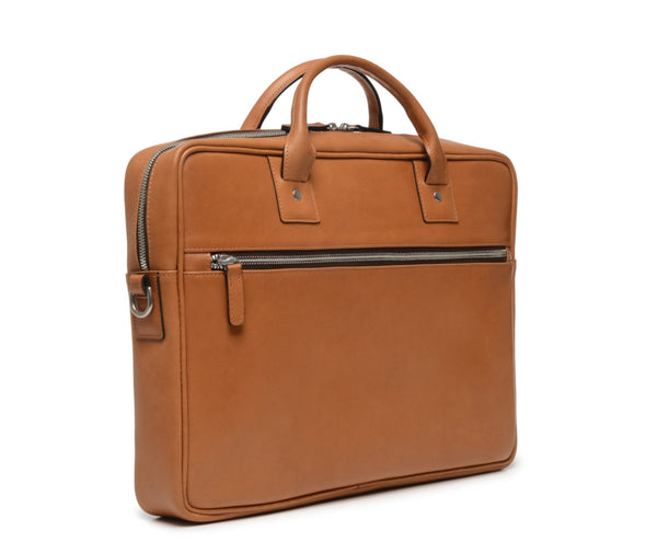 DYLAN Leather 15" Brief Bag | Grain Leather | Made in USA | Korchmar | Biden Blue Leather with Nickel Fittings