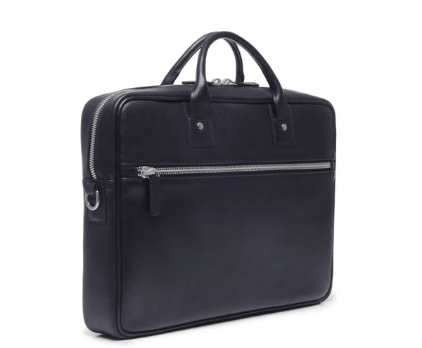 DYLAN Leather 15" Brief Bag | Grain Leather | Made in USA | Korchmar | Biden Blue Leather with Nickel Fittings